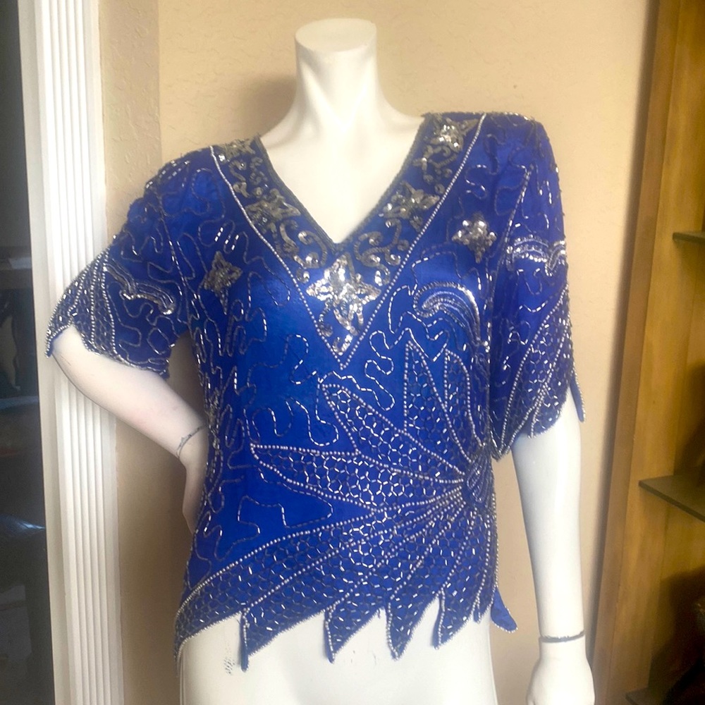 Vintage Tan-Chho Blue/Silver Sequins Beaded 100% Silk Top